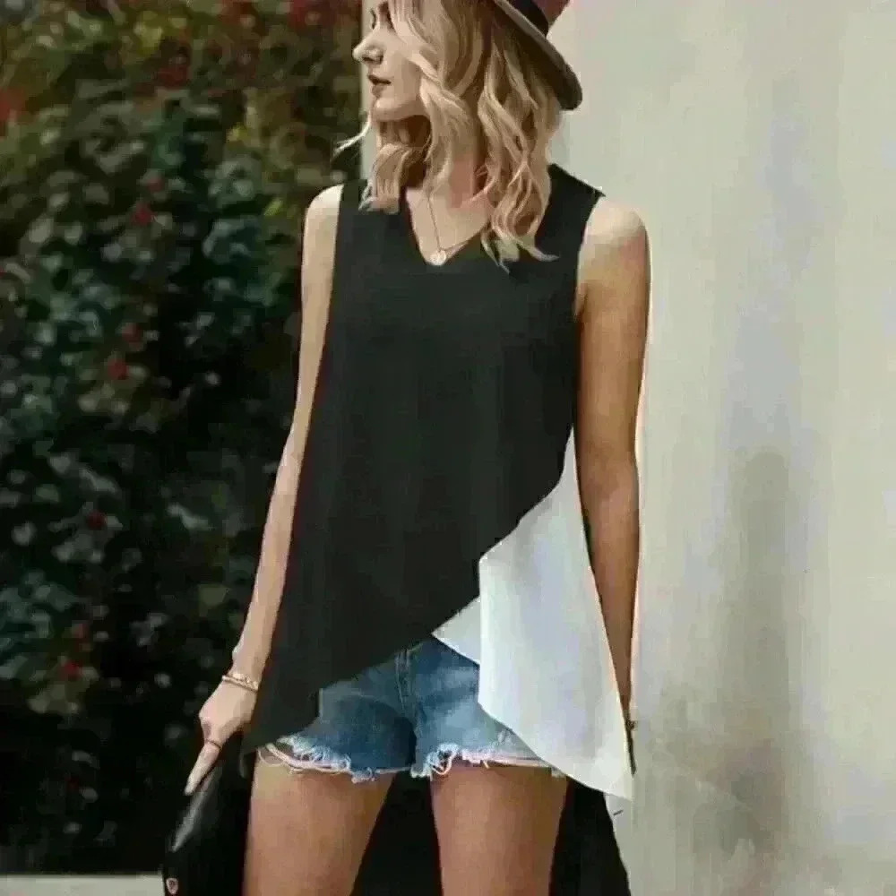 Women's M Black Asymmetrical Choker Neck Sleeveless Blouse Top